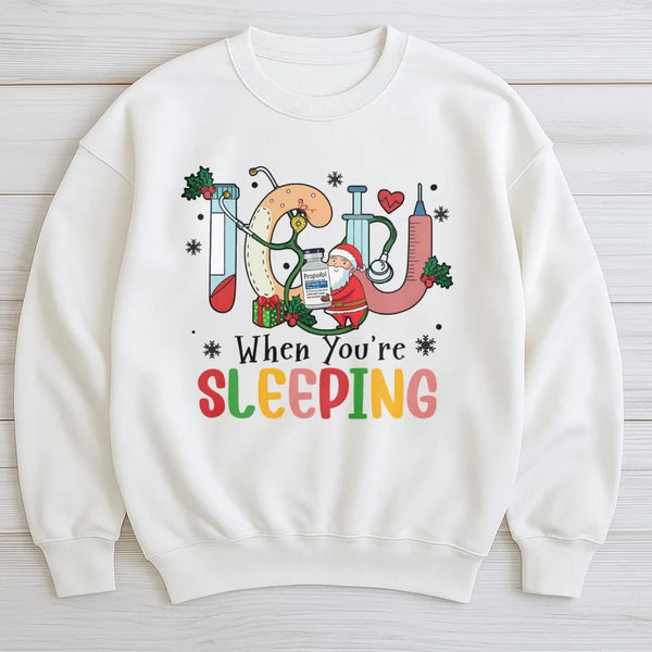 Humorous Santa Medical Holiday Sweater, ICU Nurse Christmas Sweatshirt, Intensive Care RN Crewneck, Healthcare Worker Xmas Pu