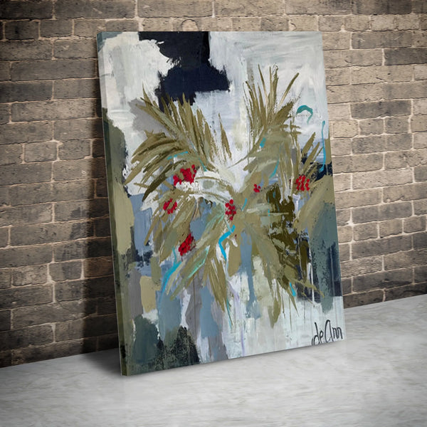 Red Berries Holiday Wreath Wall Art, Winter Botanical Vertical Canvas, Abstract Festive Canvas Print, Christmas Season Canvas