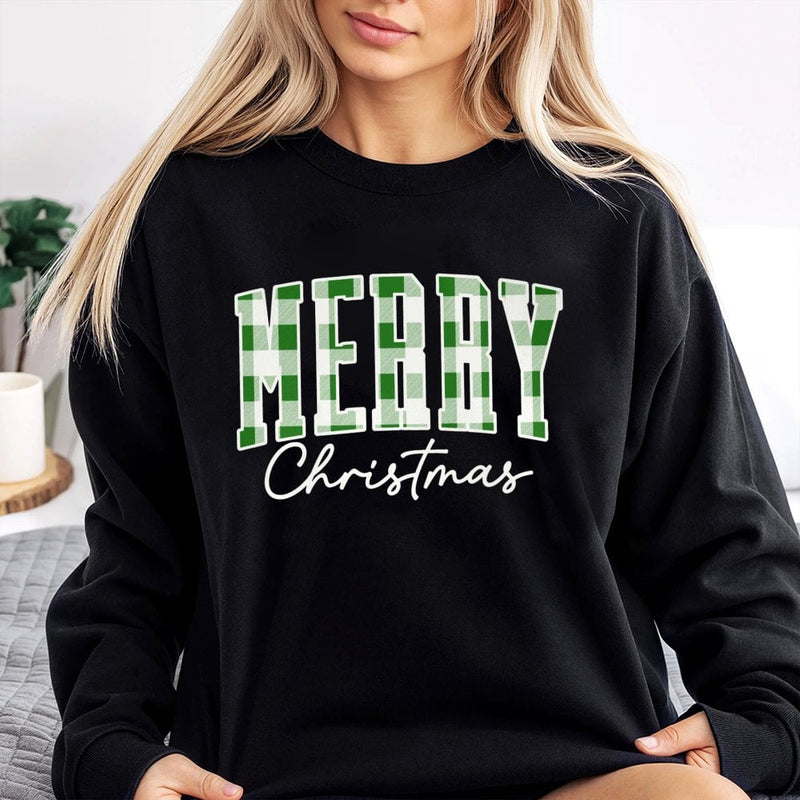 Green Buffalo Plaid Christmas Sweater, Merry Christmas Sweatshirt, Varsity Letter Holiday Crewneck, Comfy Xmas Pullover, Christmas Present