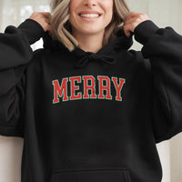 Retro Varsity Lettering Holiday Sweatshirt, Merry Christmas Hoodie, Vintage Merry Christmas Hooded Pullover, Festive Winter Xmas Present