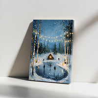 Snowy Forest Cabin Canvas Art, Winter Ice Skating Canvas, String Lights Cottage Canvas Print, Holiday Season Wall Decor, Comfy Christmas Present