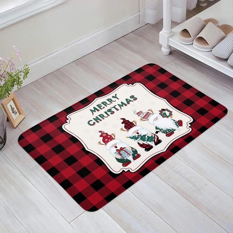 Buffalo Plaid Holiday Floor Mat, Christmas Tree Gnome Area Rug, Festive Winter Non-Slip Carpet, Comfy Xmas Home Decor Present