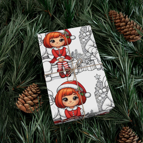 Adorable Christmas Girl Gift Wrap, Color-In Santa Wrapping Paper, Kids Coloring Activity Wrapping Paper, Holiday DIY Paper Ro