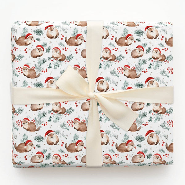 Santa Hat Otter Holiday Gift Wrap, Christmas Otter Wrapping Paper, Adorable Watercolor Otter Present Wrap, Winter Pine Animal