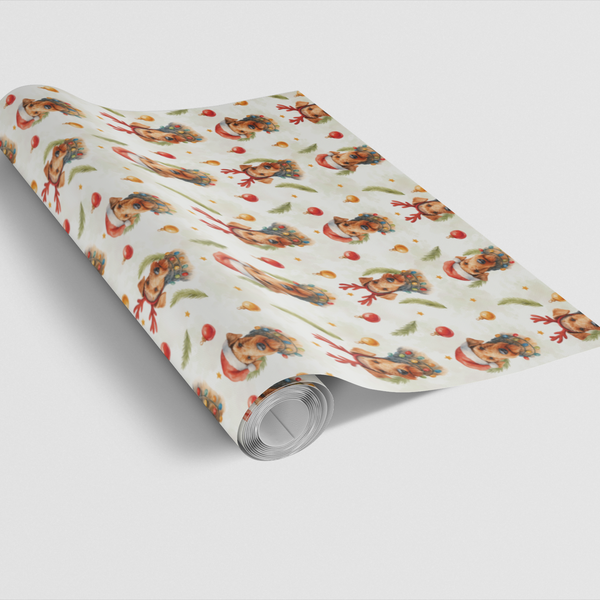 Antler Santa Hat Dog Gift Wrap, Airedale Terrier Christmas Wrapping Paper, Festive Puppy Holiday Wrapping Paper, Dog Lover Pr