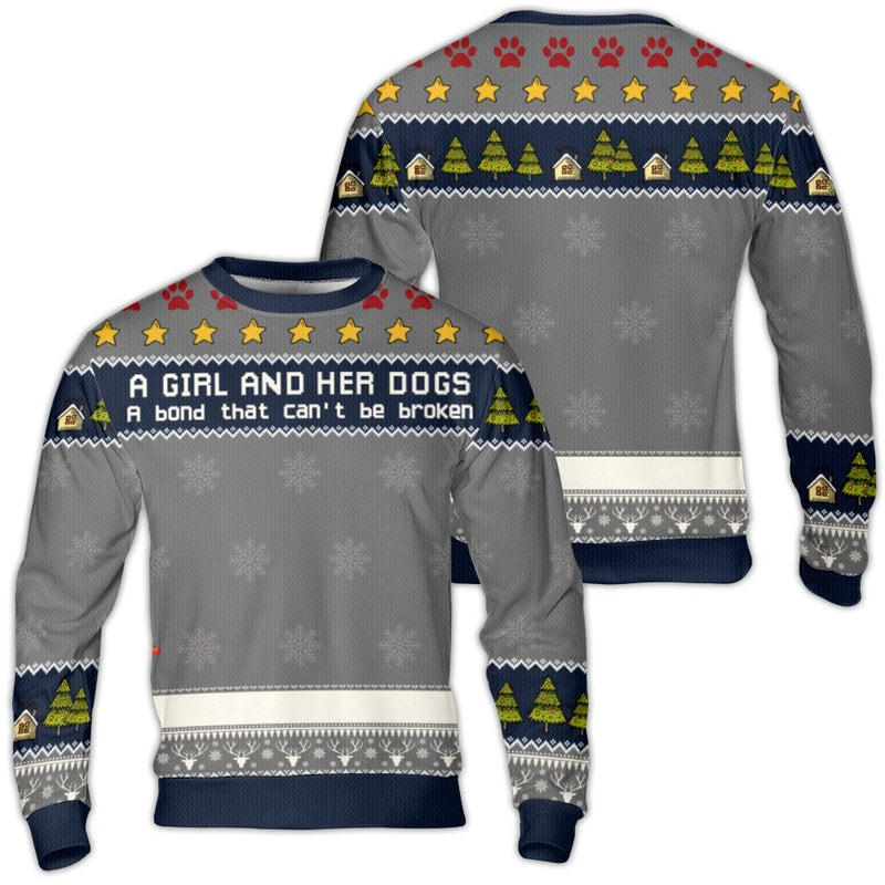 Adorable Dog Mom Holiday Sweater, A Girl and Her Dogs Ugly Christmas Sweater, Winter Pet Lover Crewneck, Comfy Festive Dog Graphic Sweatshirt