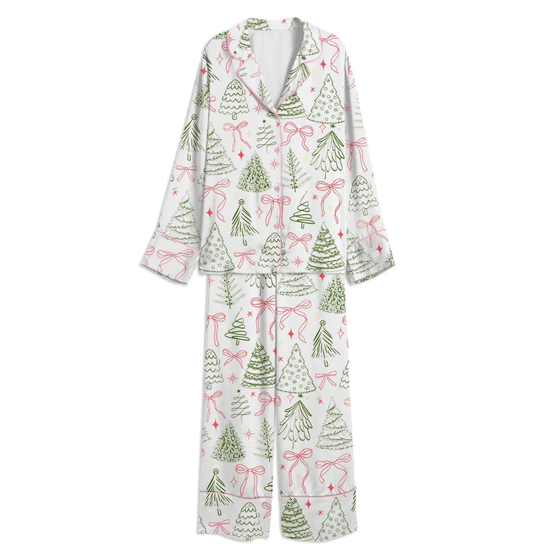 Vintage Coquette Bow Holiday Satin Pajama Set, Christmas Tree Pajama Set, Long Sleeve Winter Button Up Pajama Set, Xmas Sleepwear Present