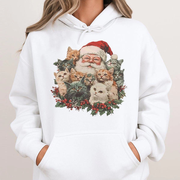 Retro Christmas Cat Hoodie, Santa Claus with Kittens Hoodie, Holiday Kitten Graphic Hoodie, Comfy Cat Lover Pullover, Winter 