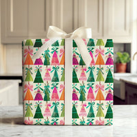 Bow Christmas Wrapping Paper, Retro Colorful Tree Wrapping Paper, Modern Holiday Gift Wrap Roll, Vibrant Seasonal Xmas Wrapping Paper
