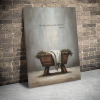 Light Shines in the Darkness Canvas, Nativity Manger Canvas Print, Christian Scripture Wall Art, Christmas Nativity Canvas Art Present