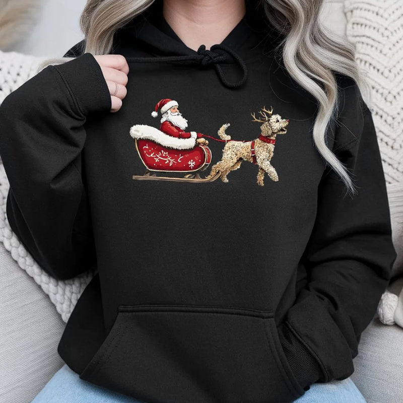 Doodle Santa Sleigh Graphic Sweatshirt, Goldendoodle Christmas Hoodie, Adorable Dog Mom Holiday Pullover, Winter Dog Lover Hooded Sweatshirt