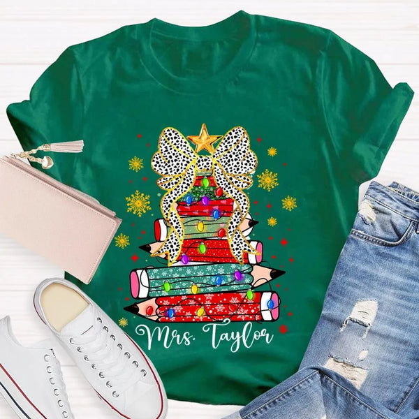 Custom Name Pencil Snowflake Tee, Personalized Teacher Christmas Tree Shirt, Holiday Teacher T-Shirt, Christmas Teacher Prese