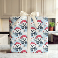 Watercolor Santa Hat Panda Gift Wrap, Christmas Panda Wrapping Paper, Adorable Panda Holiday Wrapping Paper, Winter Gift Wrap Roll
