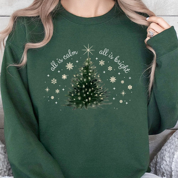 Minimalist Christmas Tree Sweatshirt, All Is Calm All Is Bright Sweatshirt, Holiday Tree Sweater, Christmas Crewneck, Comfy H