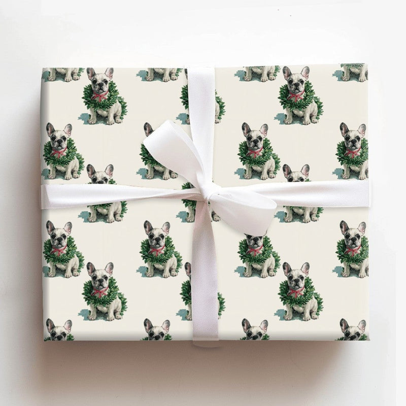 Puppy Wreath Holiday Gift Wrap, French Bulldog Christmas Wrapping Paper, Frenchie Dog Xmas Wrapping Paper