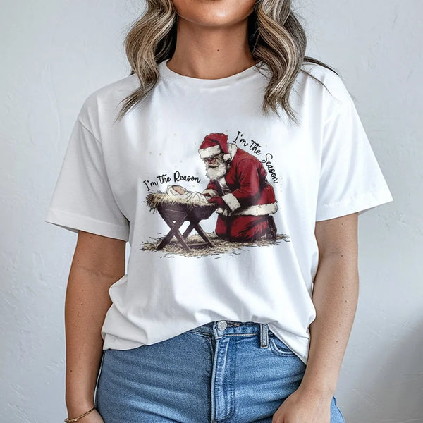 Reason for the Season Christmas Shirt, Santa Kneeling Before Baby Jesus T-Shirt, Christian Holiday Faith Tee, Believer Xmas P