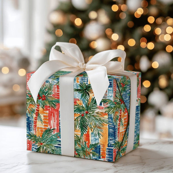 Palm Tree Cityscape Gift Wrap, Tropical Christmas Wrapping Paper, Red Berry Watercolor Gift Wrapping Paper, Coastal Holiday P