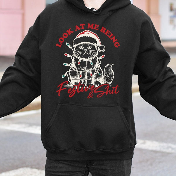 Sarcastic Holiday Kitten Graphic Sweatshirt, Humorous Cat Christmas Hoodie, Festive Grumpy Cat Xmas Pullover, Adorable Cat Lo