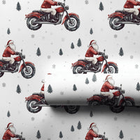 Red Motorcycle Christmas Gift Wrap, Biker Santa Wrapping Paper, Pine Tree Winter Santa Wrapping Paper, Holiday Biker Gift Wrap Roll