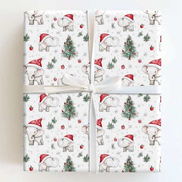 Santa Hat Holiday Gift Wrap, Baby Elephant Christmas Wrapping Paper, Adorable Watercolor Animal Wrapping Paper, Kids Christma