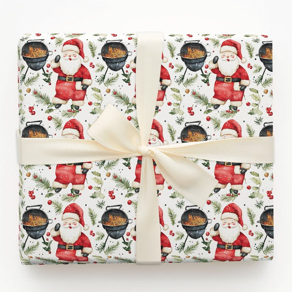 Santa Grilling Gift Wrap, BBQ Santa Wrapping Paper, Kettle Grill Santa Christmas Paper, Barbecue Present Wrap