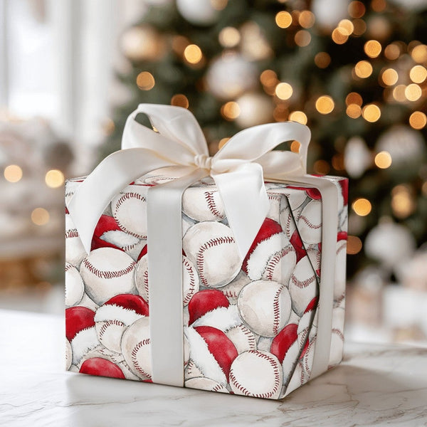 Sports Holiday Gift Wrap, Baseball Santa Hat Christmas Wrapping Paper, Watercolor Baseball Wrapping Paper, Festive Player Wra