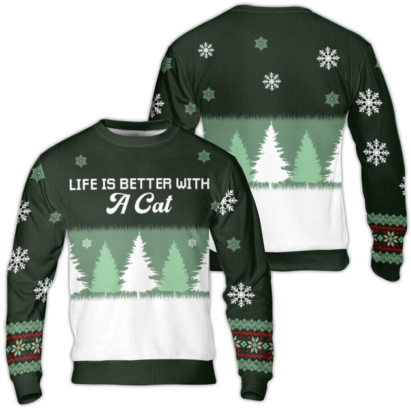 Festive Cat Tree Sweater, Life Is Better with a Cat Ugly Christmas Sweater, Snowflake Cat Holiday Sweatshirt, Cat Lover Xmas 