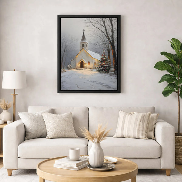 Snowy Christmas Chapel Canvas Print, Winter Church Canvas Wall Art, Glowing Winter Chapel Wall Art, Christmas Church Digital 