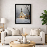 Snowy Christmas Tree Canvas Print, Winter Church Canvas Art, Rustic Country Chapel Canvas Wall Decor, Holiday Home Religious Present