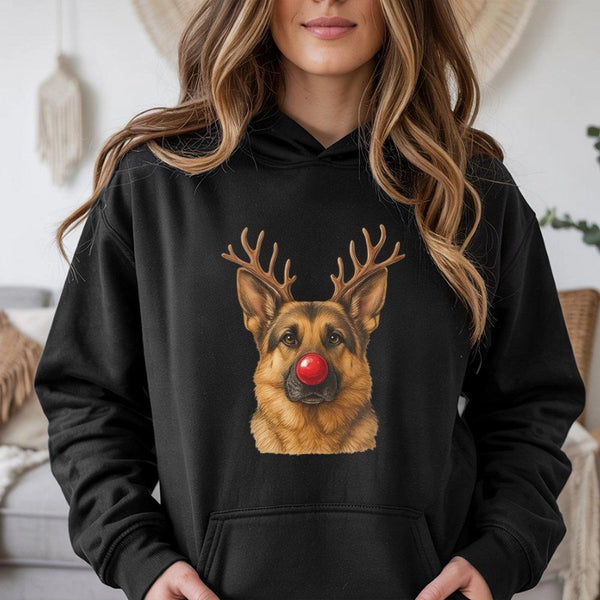 Reindeer Antlers Dog Red Nose Sweatshirt, German Shepherd Christmas Hoodie, Humorous Holiday GSD Pullover, Adorable Shepherd 