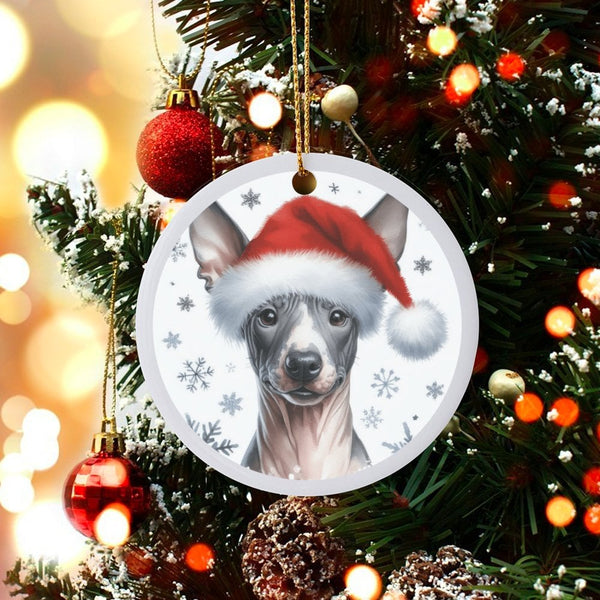 Santa Hat Dog Holiday Tree Keepsake, American Hairless Terrier Christmas Ornament, Ceramic Pet Decor, Dog Lover Christmas Pre