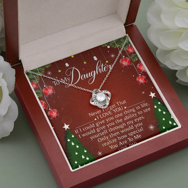 Christmas Message Card Necklace, Daughter Love Knot Necklace from Dad, 14k White Gold Finish Pendant Necklace, Holiday Presen