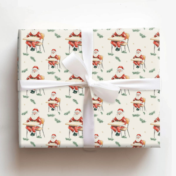 Watercolor Teacher Christmas Gift Wrap, Santa at School Desk Wrapping Paper, Pine Needle Santa Gift Wrapping Paper, Teacher H