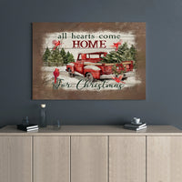 Vintage Red Truck Canvas Print, All Hearts Come Home for Christmas Canvas Wall Art, Holiday Cardinal Wall Decor, Farmhouse Xmas Canvas
