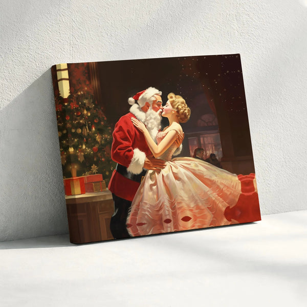Retro Christmas Romance Canvas, Vintage Santa Claus Kissing Woman Canvas, Holiday Canvas Print, Festive Xmas Wall Art, Season