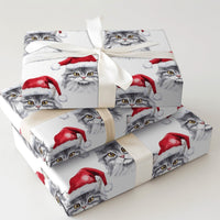 Cat in Santa Hat Gift Wrap, Grey Cat Christmas Wrapping Paper, Watercolor Kitten Holiday Wrapping Paper, Pet Lover Xmas Present Paper