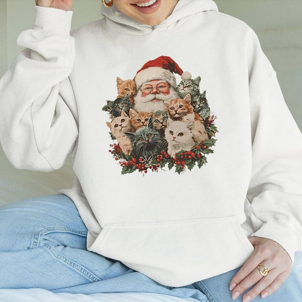 Retro Cat Lover Xmas Hooded Sweatshirt, Santa Claus and Kittens Christmas Hoodie, Comfy Holiday Cat Mom Pullover, Festive Win