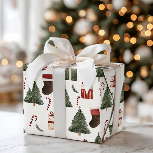 Stocking Candy Cane Gift Wrap, Watercolor Christmas Tree Wrapping Paper, Traditional Holiday Wrapping Paper, Festive Gift Wra