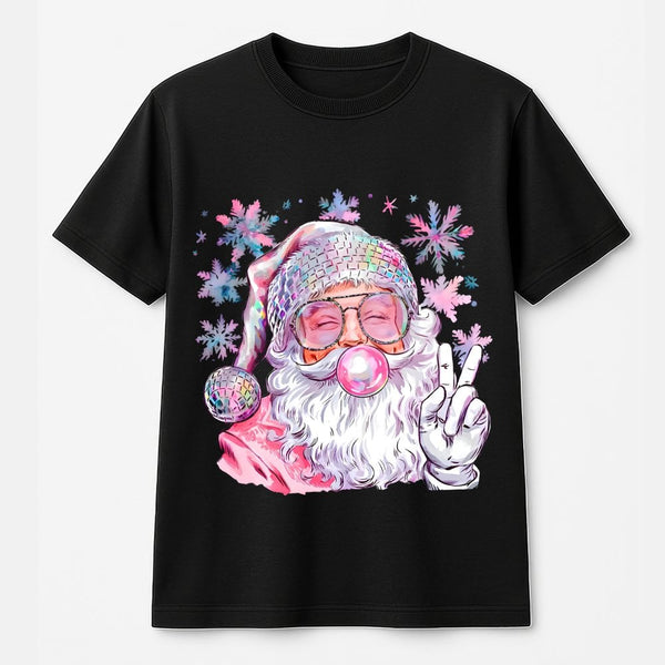Retro Peace Sign Santa T-Shirt, Disco Santa Christmas Shirt, Bubble Gum Graphic Tee, Trendy Y2K Holiday Top, Xmas Present for