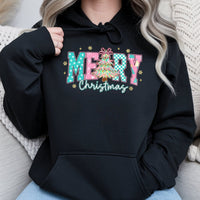 Aesthetic Merry Christmas Pullover, Pastel Checkered Tree Christmas Hoodie, Adorable Pastel Tree Graphic Hoodie, Holiday Winter Sweatshirt