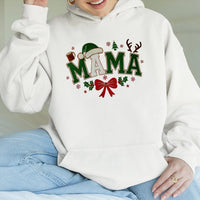 Santa Hat Bow Holiday Hoodie, Christmas Mama Hoodie, Festive Winter Graphic Hooded Sweatshirt, Comfy Mom Christmas Hoodie, Holiday Mom Present