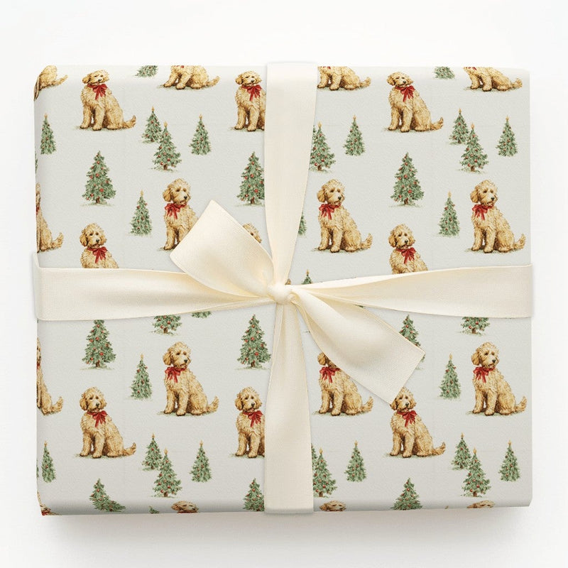 Holiday Dog Gift Wrap, Goldendoodle Christmas Wrapping Paper, Adorable Puppy Wrapping Paper, Christmas Tree Gift Wrap, Dog Lover Present Wrap