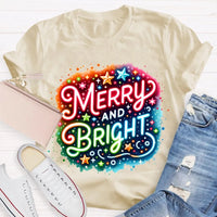 Colorful Retro Holiday Graphic Tee, Merry and Bright Tie Dye Christmas Shirt, Rainbow Xmas T-Shirt, Matching Holiday Outfit