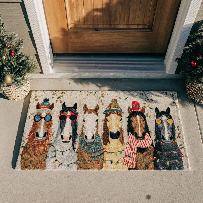 Humorous Festive Glasses Door Mat, Christmas Stallion Horse Doormat, Holiday Equestrian Welcome Mat, Winter Porch Floor Mat, Horse Lover Present