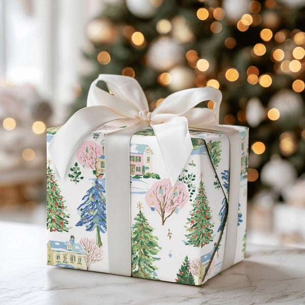 Christmas Town Gift Wrap, Watercolor Winter Village Wrapping Paper, Snowy Cottage Wrapping Paper Roll, Festive Holiday Presen