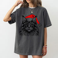 Santa Hat Cat Graphic Tee, Maine Coon Cat Christmas Shirt, Humorous Kitten Holiday T-Shirt, Adorable Pet Lover Xmas Shirt, Cat Mom Winter Present Tee