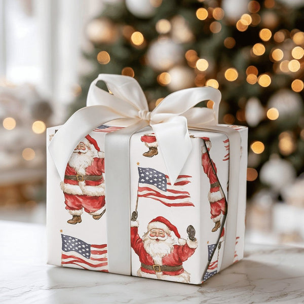 American Flag Holiday Gift Wrap, Patriotic Santa Christmas Wrapping Paper, USA Santa Claus Wrapping Paper, Patriotic Holiday 