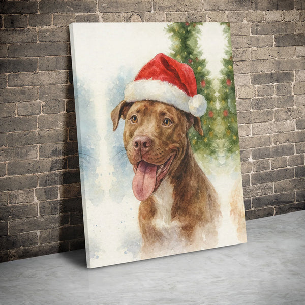 Festive Dog Holiday Wall Decor, Watercolor Pit Bull in Santa Hat Christmas Canvas Art, Adorable Winter Pup Decor, Christmas P