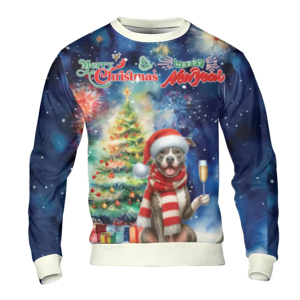 Humorous Dog Holiday Sweater, Pitbull Christmas Sweatshirt, Dog Holding Champagne Crewneck, Pitbull Xmas Sweatshirt, Dog Love