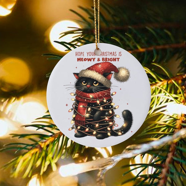 Black Cat Holiday Tree Ornament, Meowy and Bright Cat Christmas Ornament, Humorous Kitten Ceramic Ornament, Adorable Animal X
